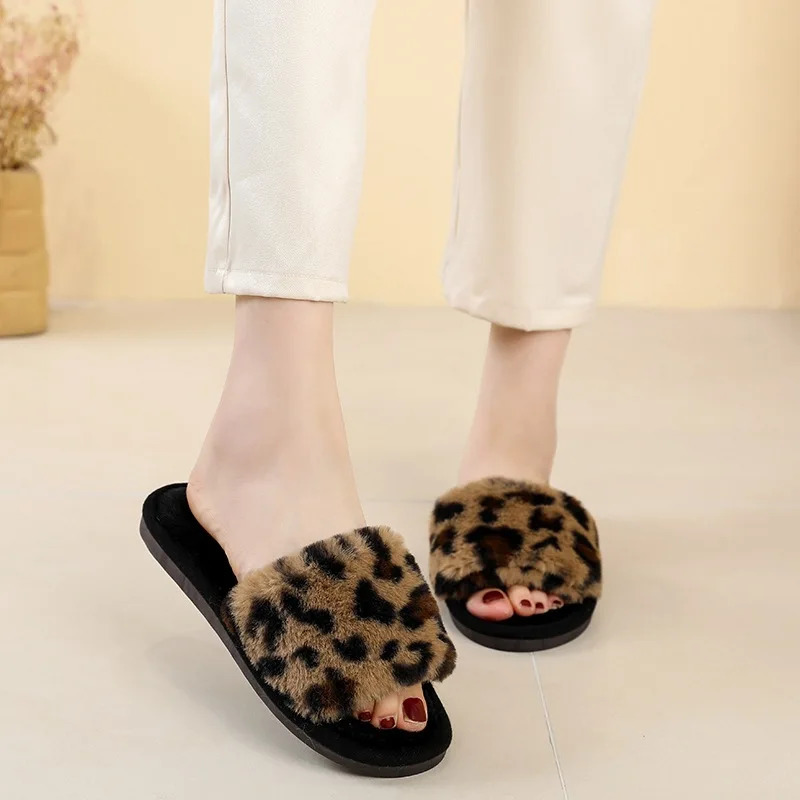 Fairy style leopard print fluffy slippers for womens outdoor wear in spring plush and lazy one line cotton mop 250723