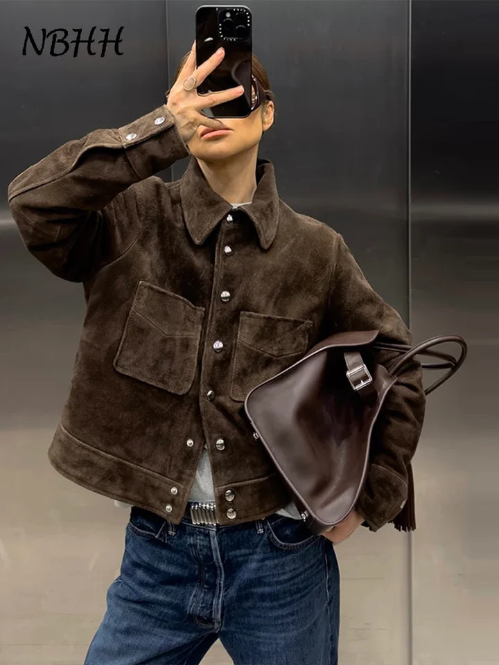 Fashion Brown Suede Jackets Women Lapel Long Sleeve Single Breasted Pockets Coats Autumn Winter Street Retro Lady Outerwear 250725