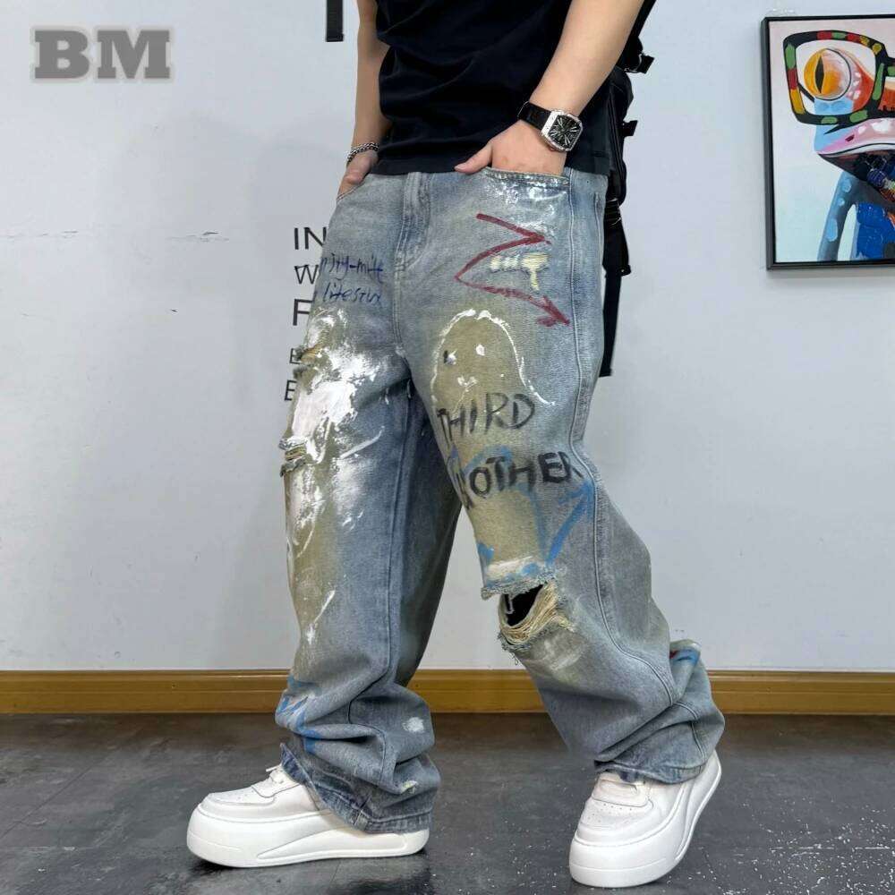 American High Street Baggy Jeans For Men Distressed Ripped Graffiti Denim Pants Hip Hop Trendy Straight Leg Streetwear Trousers 250726