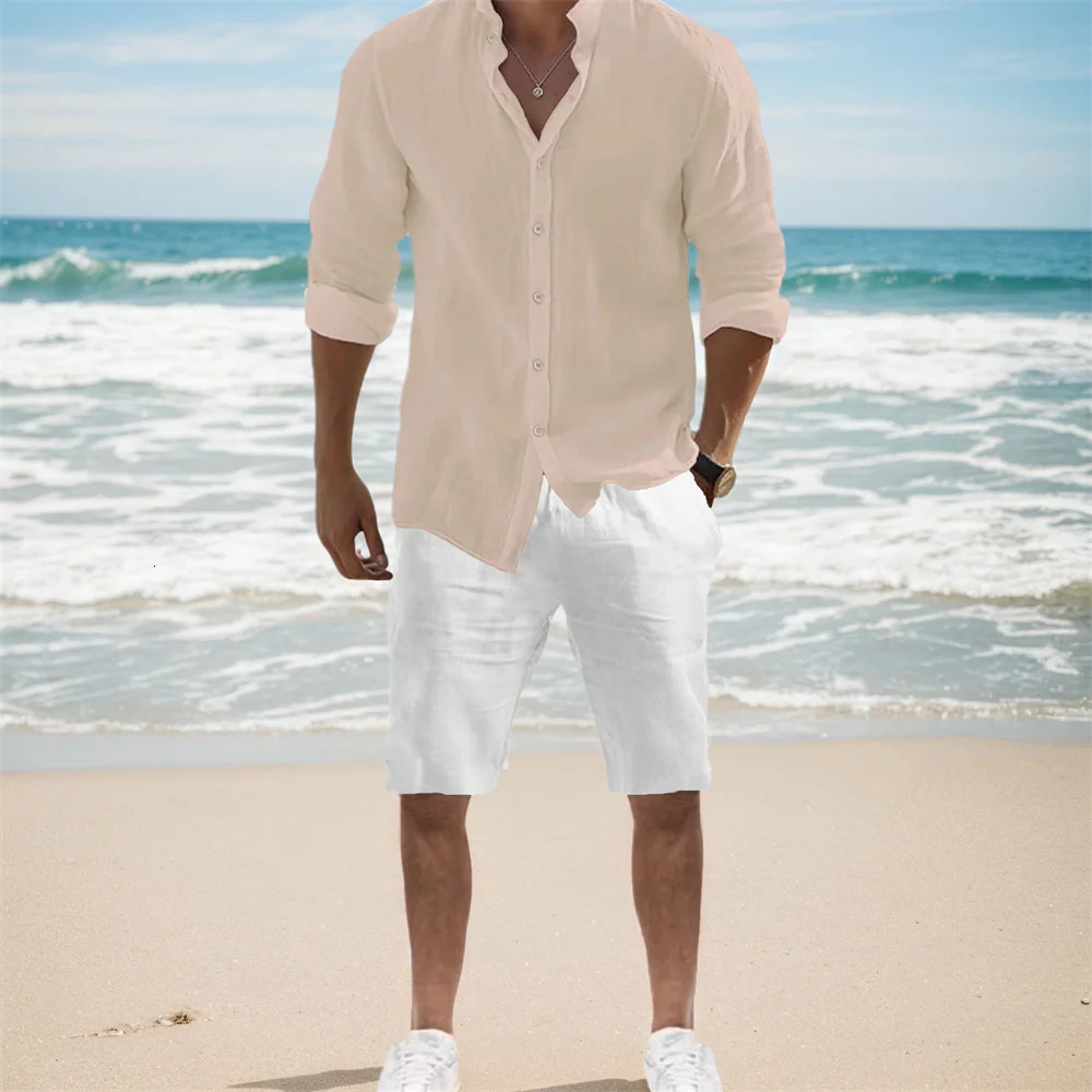 Mens Spring Summer Shirt Sets Solid Color Casual Breathable Lightweight Male Casual Suit Beach Style Hawaii Vacation Tracksuit 250724