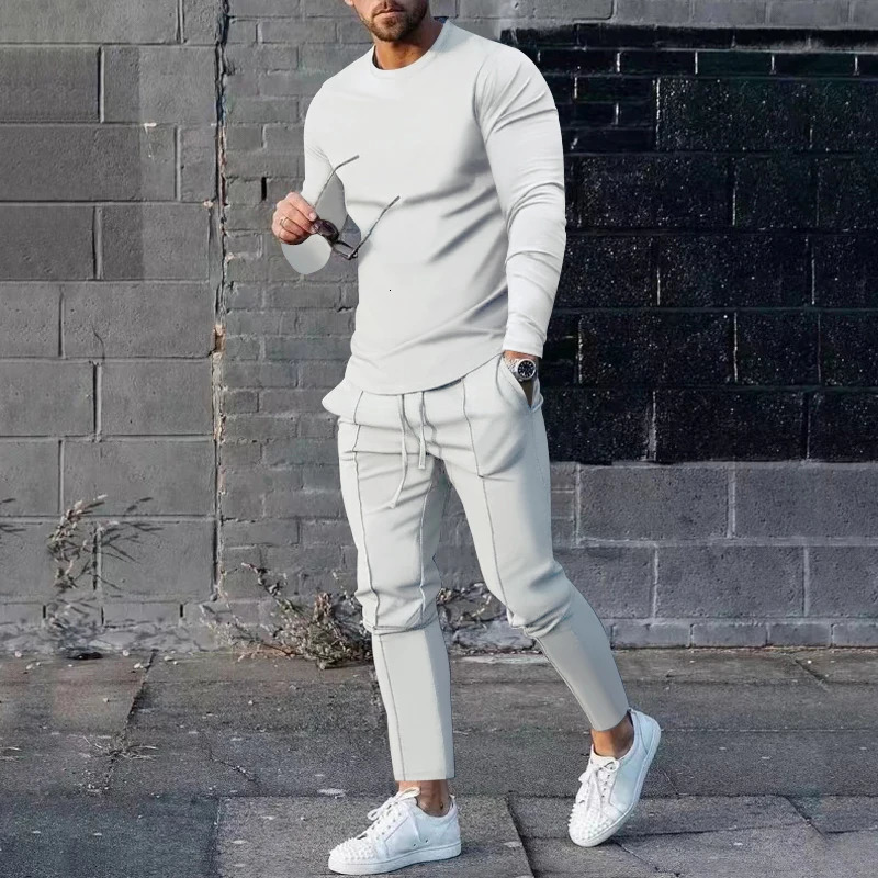 Foreign Trade Mens Spring Two-Piece Round Neck Long Sleeve T-Shirt Long Sleeve T-Shirt Pants Solid Color Casual Men 250725