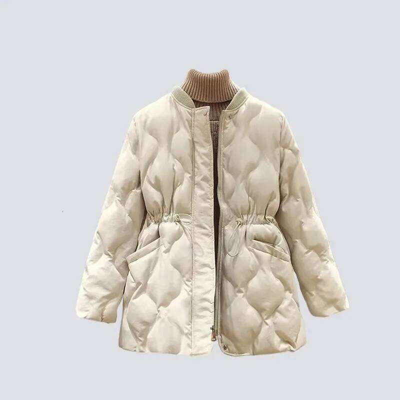 Lingge Baseball Women's Winter New Casual Waist Collection Mid Length Down Cotton Jacket 250726