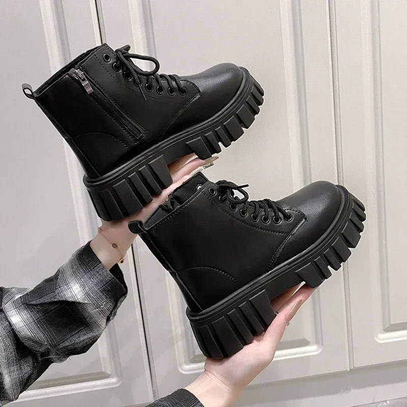 White Women Ankle Boots Autumn Winter Platform Zipper Women Punk Boots Thick Sole Lace Up Combat Booties Female Mujer 250723