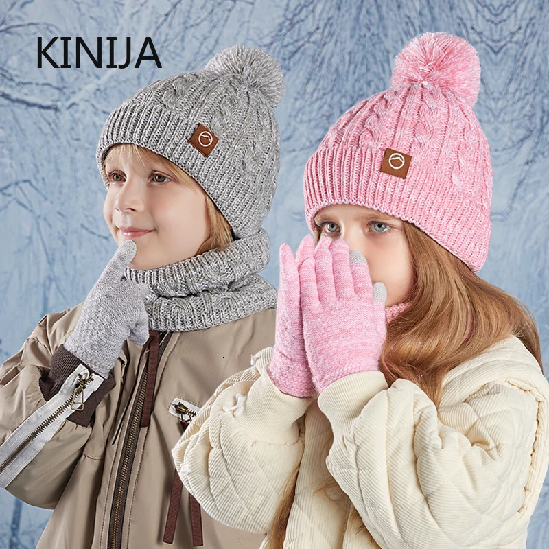 3pc Kids Winter Hat Scarf Gloves Set Unisex Children Beanie Cap Knitted Scarf Cap Ear Protection Fleece Warm Hat Boys Girl 250725