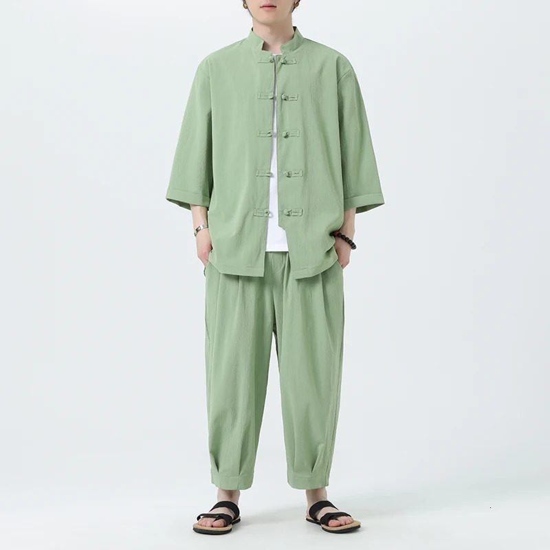 Summer Cotton Linen Shirt Set Mens Casual Outdoor 2Piece Suit Andhome Clothes Shirt with Pants 2pcs Beach Short Sleeve Sets 250724