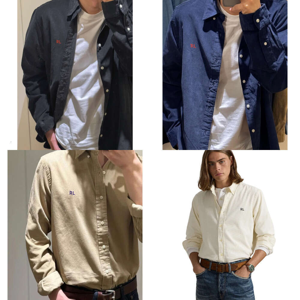 RL Little Horse Embroidered Corduroy Pure Cotton Casual Couple Shirt with Long Sleeves Men's Shirts Classic Autumn/Winter Polo Shirt designer