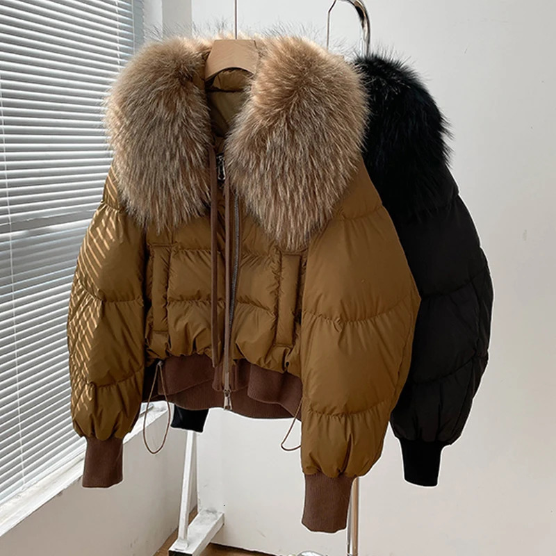 Janveny Short Puffer Coat Loose White Duck Down Jacket for Women Natural Big Raccoon Fur Thick Warm Female Parka Outerwear 250725