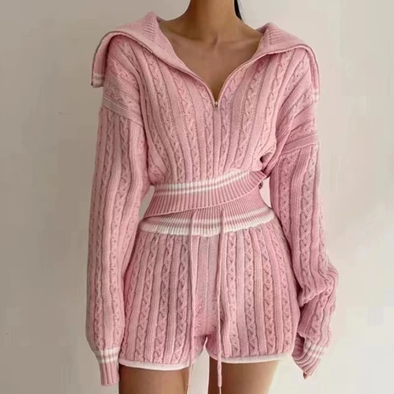 HELLAR Women Knit Casual 2 Piece Sets Zipper Pullover Sweater High Waist Drawstring Shorts Set Office Women Outfit Fall Winter 250724