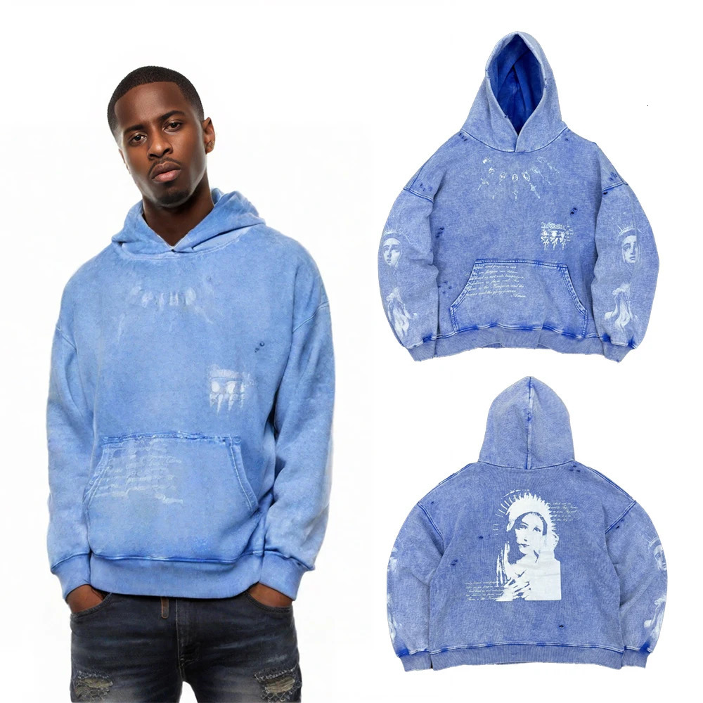 Mens Clothing Y2k Hoodies Streetwear Cotton Saint Printed T-shirt Street Retro Blue Hoodie Casual Daily Hoodie Pullover Hoodies 250723