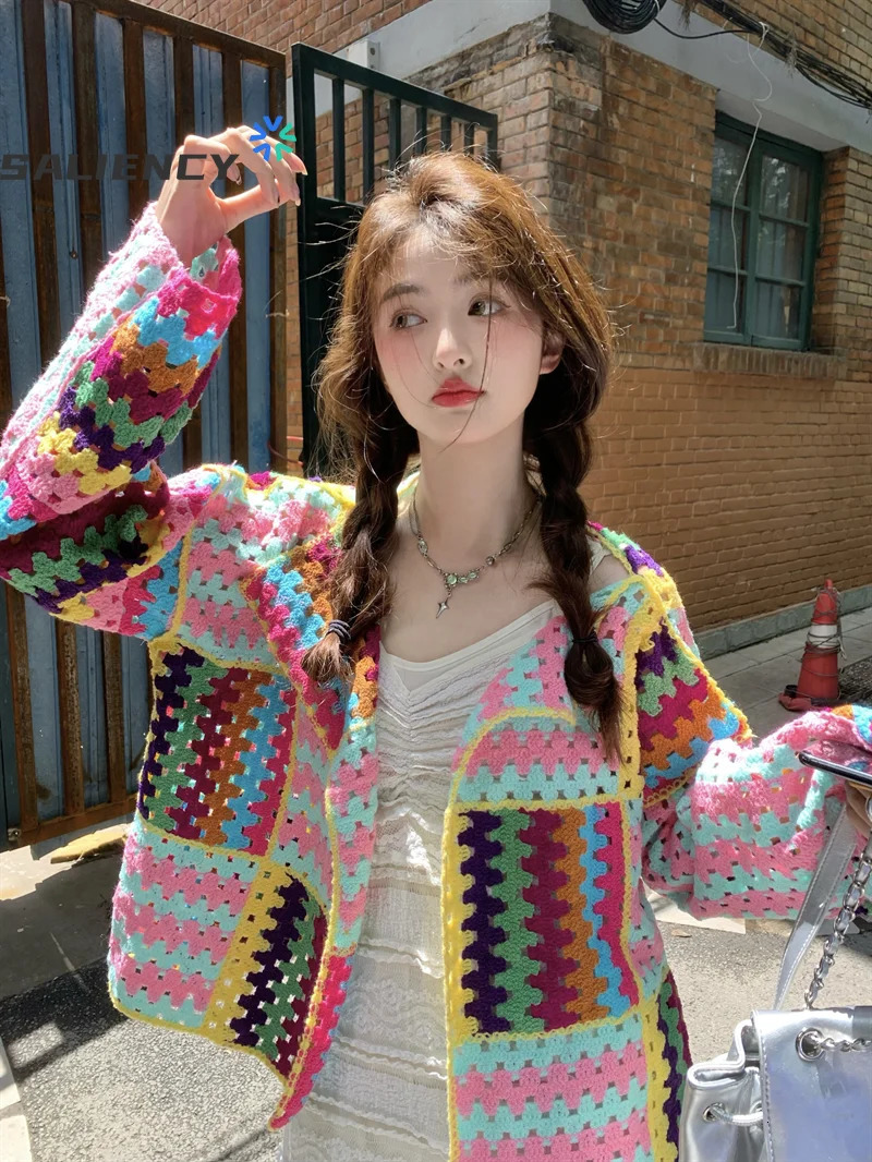 SALIENCY Colorful Crochet Knit Hollow Cardigan Sweater Jacket Women Spring Top Loose Short Knitwear 250721