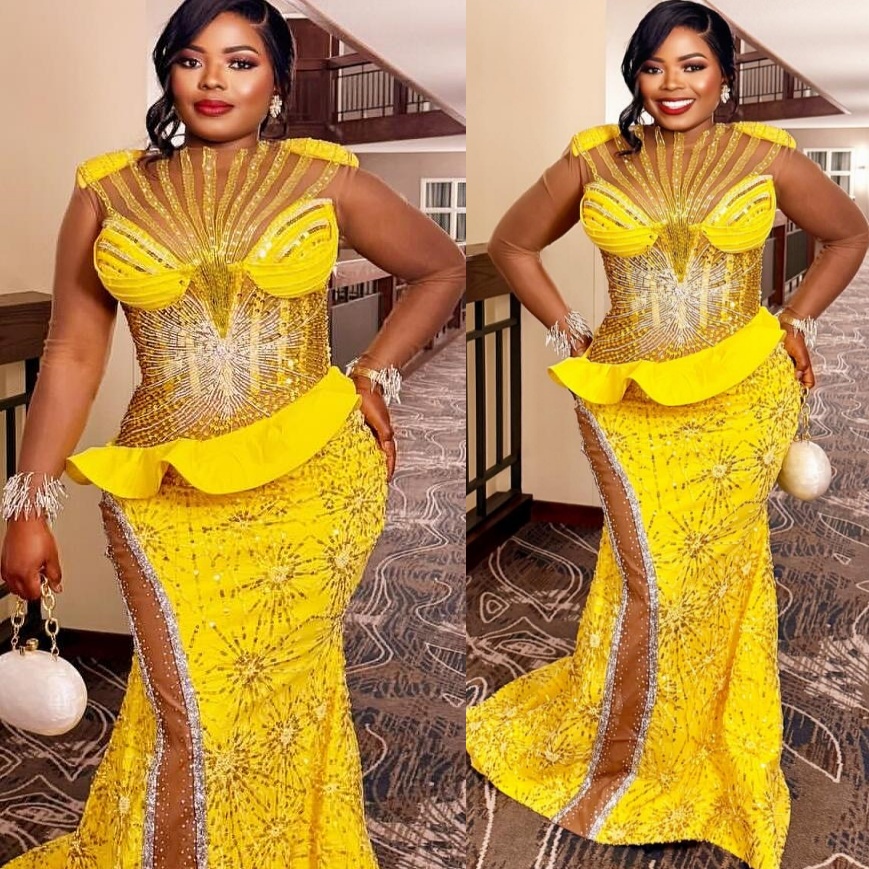 Mermaid Yellow Prom Dresses 2025 Illusion Beaded Sequined Sparkly Evening Formal Party Second Birthday Engagement Gowns Plus Size Dress For Special