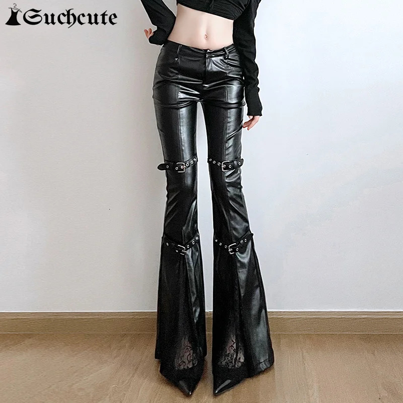 SUCHCUTE PU Leather Flare Pant Goth Buckle Lace Patchwork Pants Women Fashion Y2K Streetwear Vintage Aesthetics Casual Trouesrs 250724