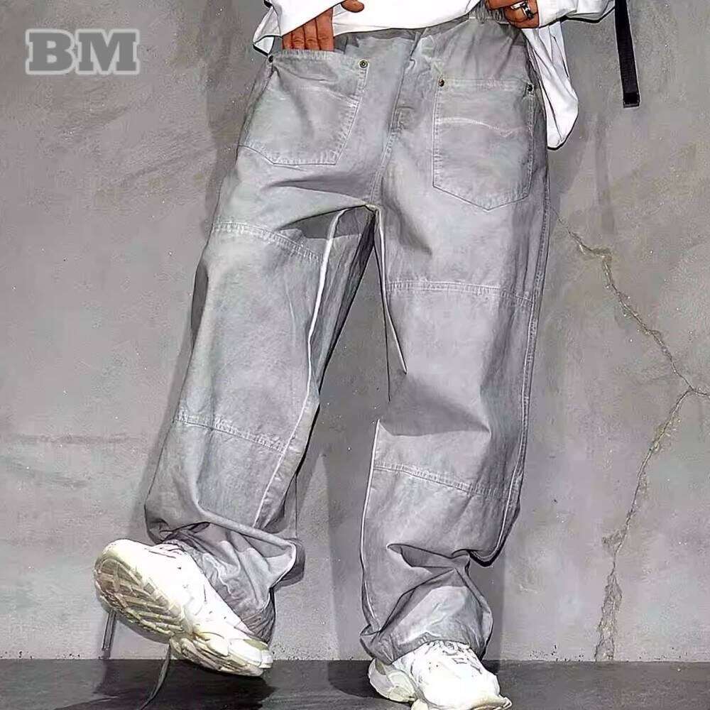 American Streetwear High Quality Distressed Cargo Japanese Haruku Baggy Pants Men Plus Size Straight-Leg Trousers Male 250726