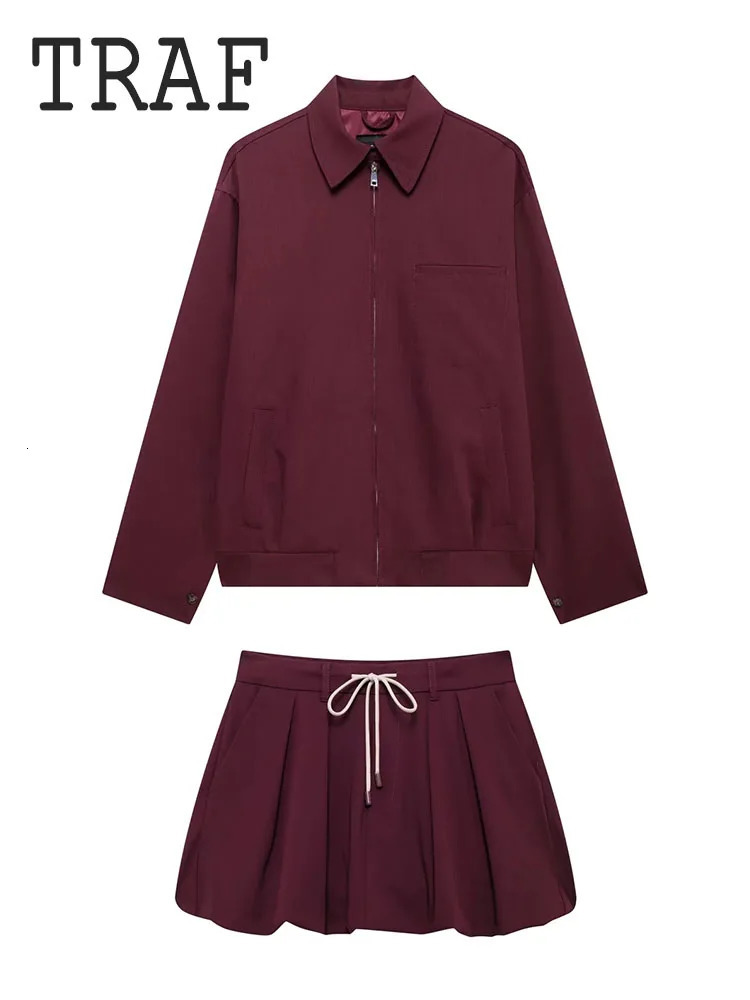 TRAF Casual Women 2 Pieces Sets Waist Lace Up Lantern Edition Mini Skirt Sets Solid Pocket Decorative Jacket Top Womens Set 250721