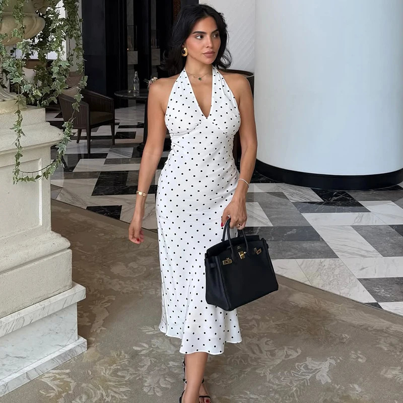 Tornova Printed Backless Halter Long Dress Female Sexy Polka Dots Party Vacation Clothes Bodycon High Waist Womens Dress Summer 250723