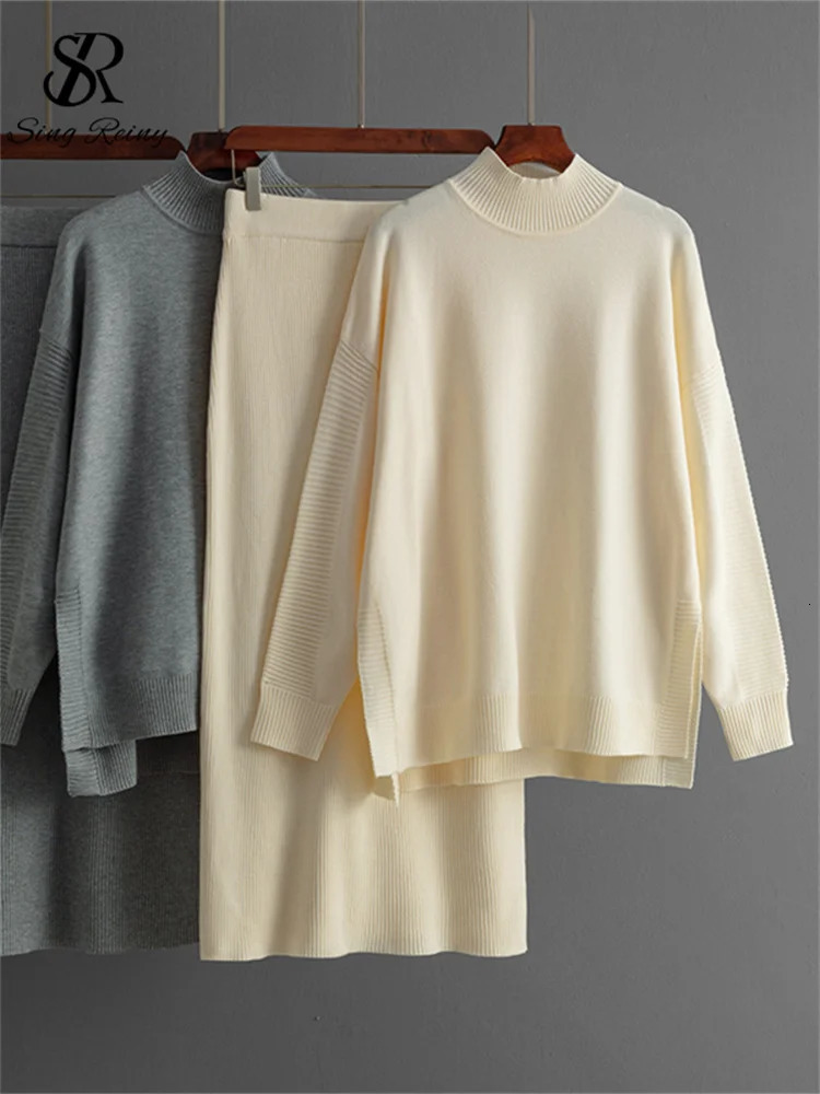 Winter Warm Knitted Sets est O-Neck Side Split Sweater TopsHigh Waist Midi Wrapped Hip Skirt Women Chic 2PC Sets 250724