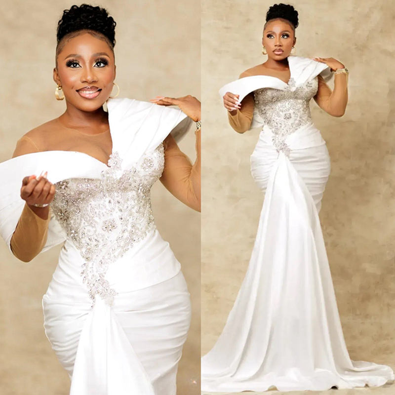 2025 Aso Ebi Ivory Prom Dress Evening Dresses Mermaid Formal Gowns For Black Women Sheer Neck Appliqued Beaded Lace Birthday Dress Second Reception