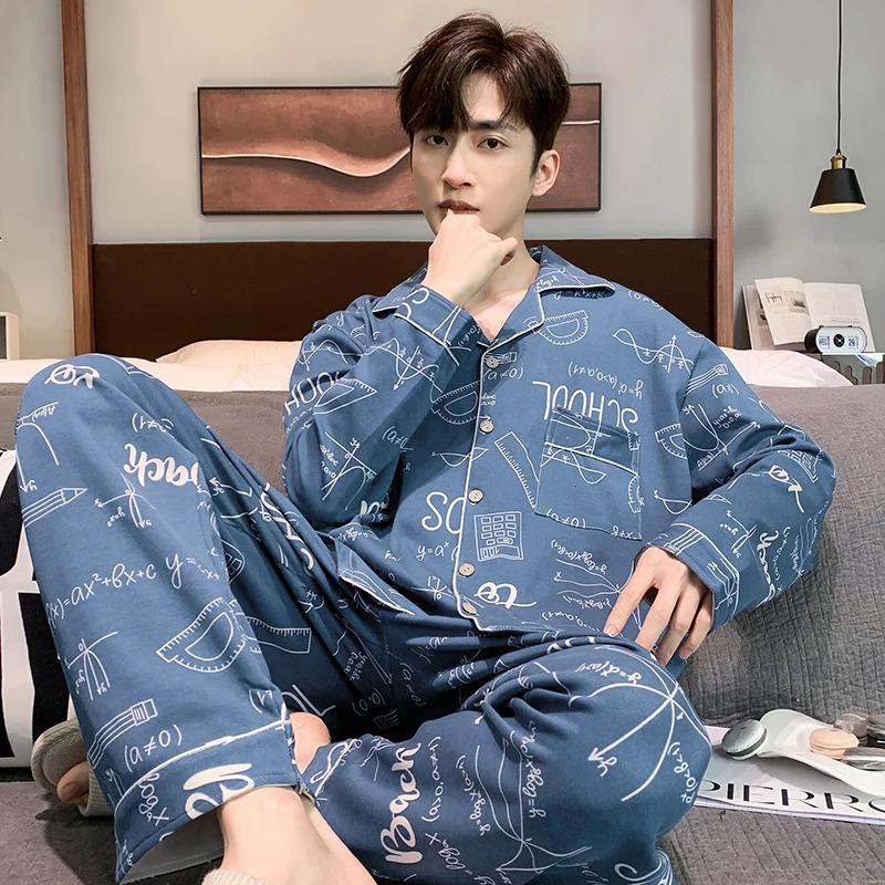 L-5XL Plus Size Faux Cotton Print Mens Pajamas Korean Ins Autumn Y2k Male Nightwear Big Size Long Sleevepant Home Set 250724