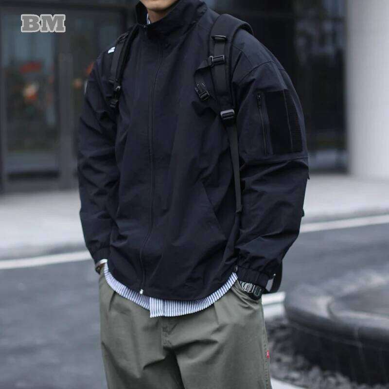 2022 Spring Autumn American Retro Loose Stand Collar Functional Work Men Clothing Casual Coat Haruku Black Jacket Male 250726