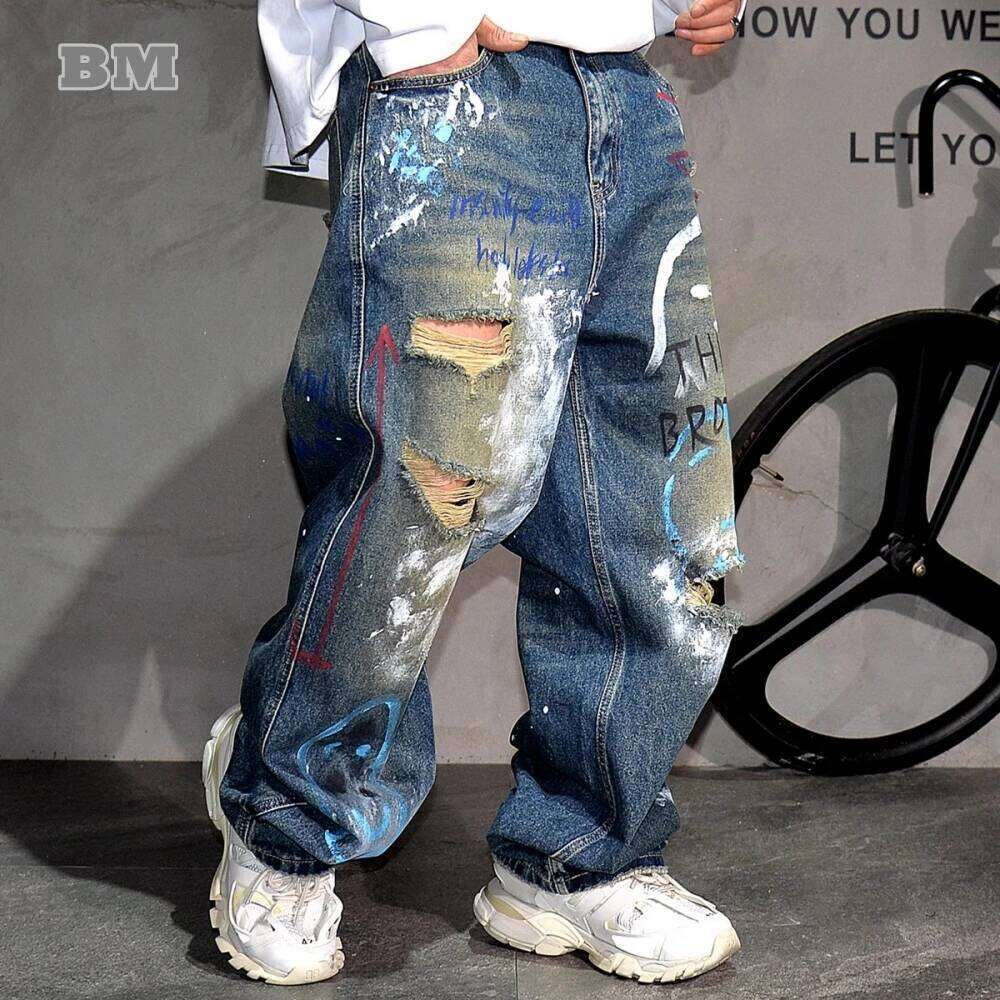 High End Men's Clothing Hip Hop Graffiti Baggy For Men Streetwear Skateboard Ripped Jeans Korean Trendy Denim Trousers 250726