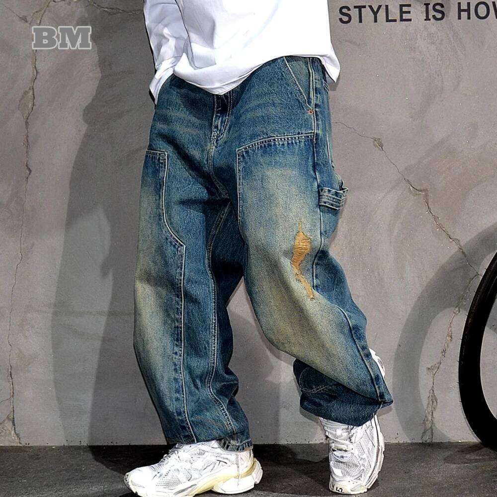 Mens American Vintage Ripped Loose Fit Straight Leg Jeans High Quality Denim Cargo Pants Hip Hop Streetwear Trendy Trousers Male 250728