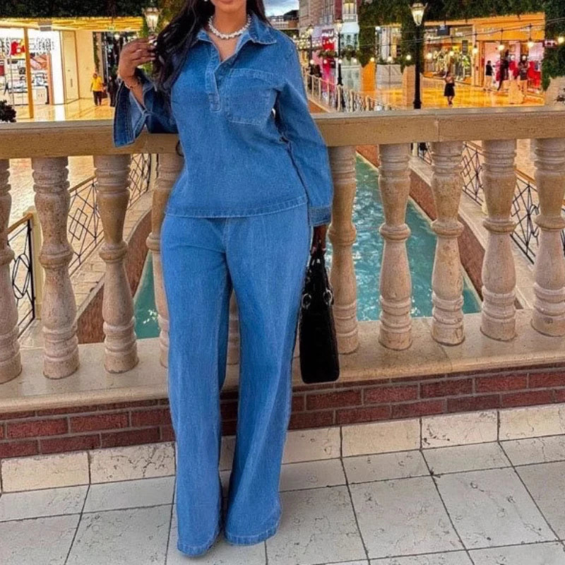 Denim Pant Set Women Two Piece Sets Matching Sets Streetwear Casual Loose Shirt Wide Leg Long Pants High Waist Y2k Mom Jeans 250725