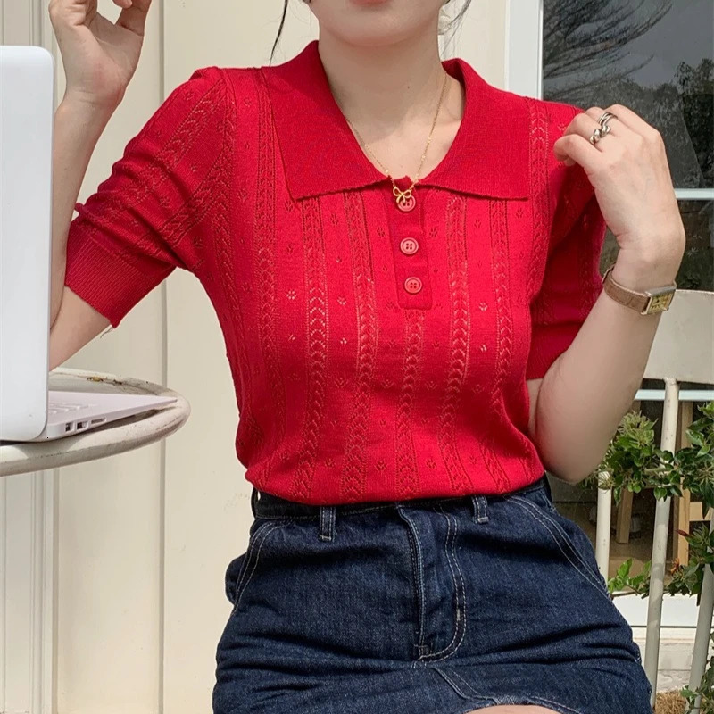 Summer Hollow Out Polo Collar Womens Short Tshirts 2025 Sleeve Casual Knitwear Shirts Slim Tops for Women 250724