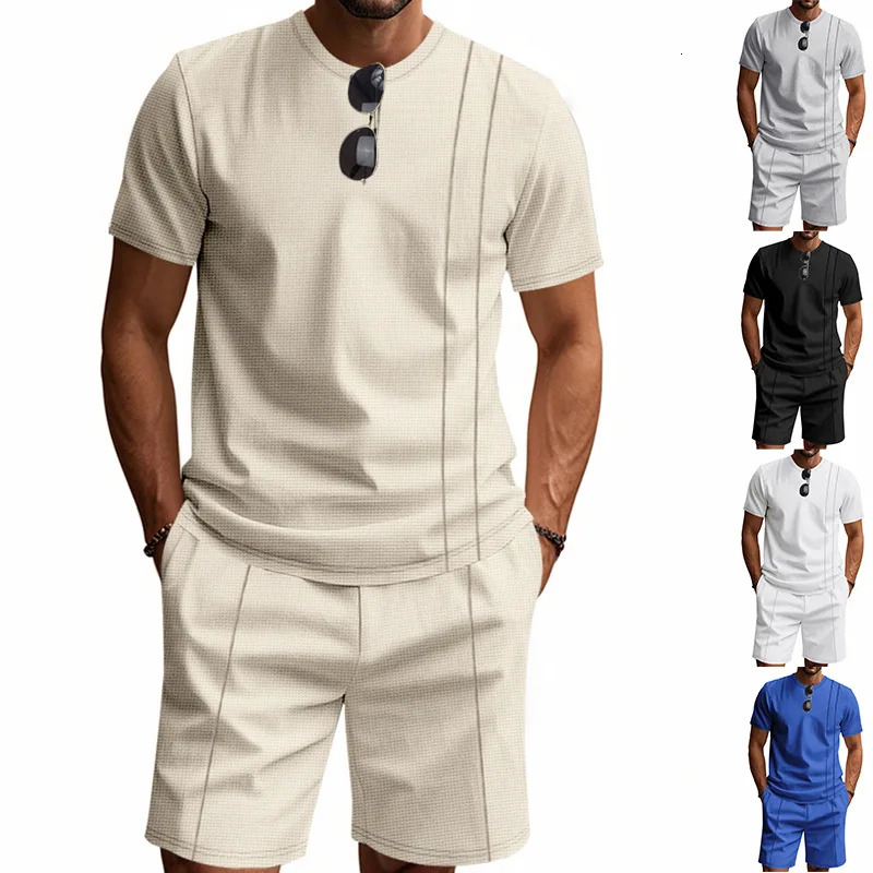 Summer American Waffle RoundNeck Mens Suit 2025 Loose Ins Style Simple Short Sleeve Top And Shorts Set for Casual Wear 250724