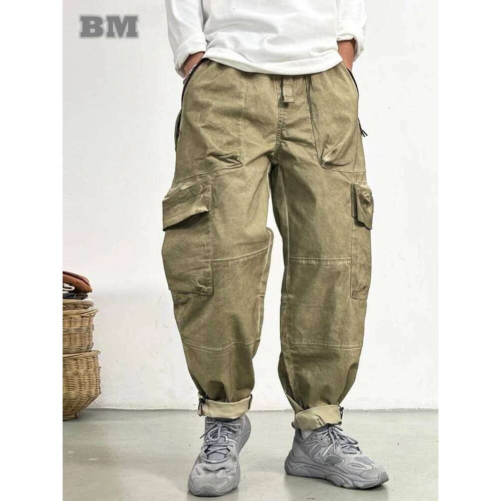 High Quality Vintage Cargo For Men Plus Size Distressed Straight Pants Japanese Streetwear Haruku Khaki Baggy Trousers 250726