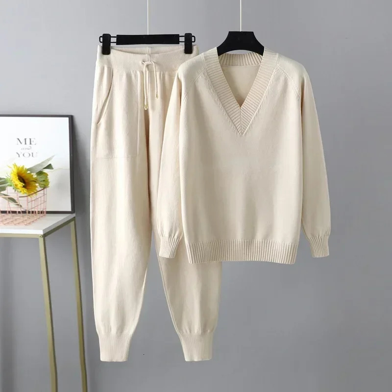 Autumn Winter Womens V Neck Sweater Two Piece Set Female Knitted Pants Suits Fashion Casual Pullover Tracksuits Outerwear 250724