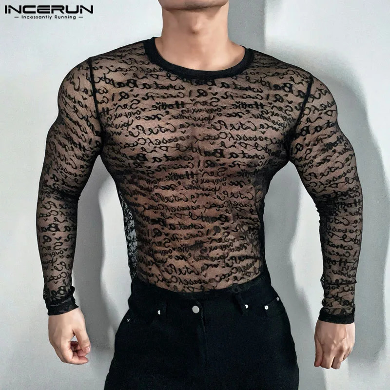 Party Nightclub Tops INCERUN Mens Sexy English Printed Pattern See-through T-shirts Fashion Clubwear Thin Long Sleeved T-shirt 250723