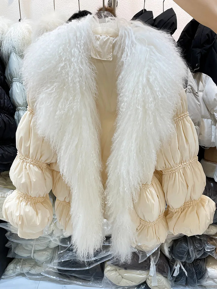 s European Winter 100% Genuine Wool Beach Wool Large Fur Collar Fur Coat Short Womens Lantern Sleeves Goose Down Jacket 250725