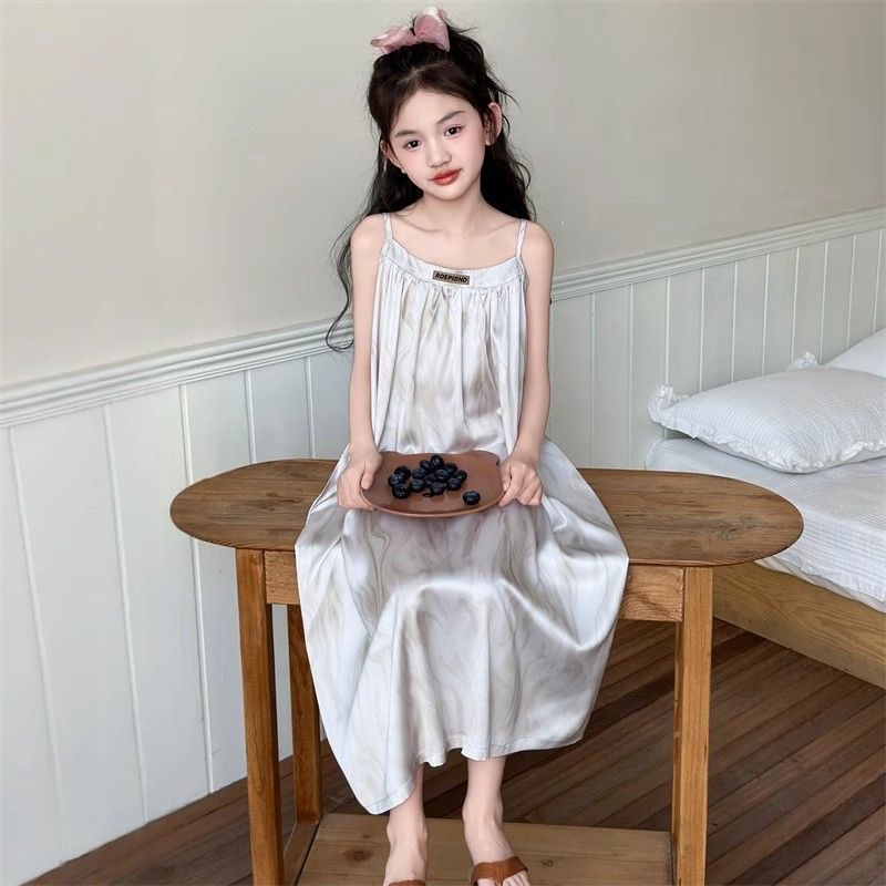 D93 Girls summer nightdress new style ice silk children&#039;s cool home clothes can be worn outside suspenders pajamas girls home skirt-image-1068525933