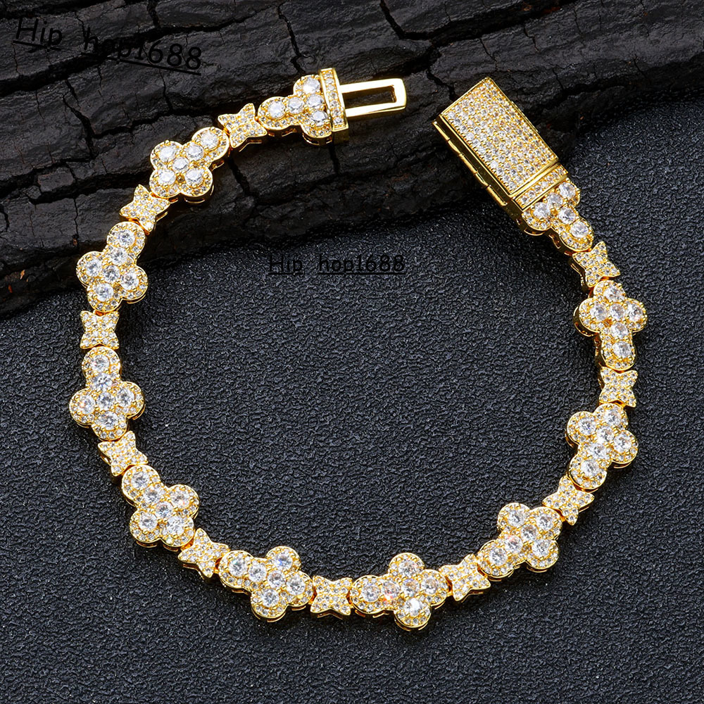 10MM Cross Flower Chain Bracelet 18K Gold Plated Micro Pave Moissanite Diamond Iced Out Hip Hop Fashion Jewelry Gift