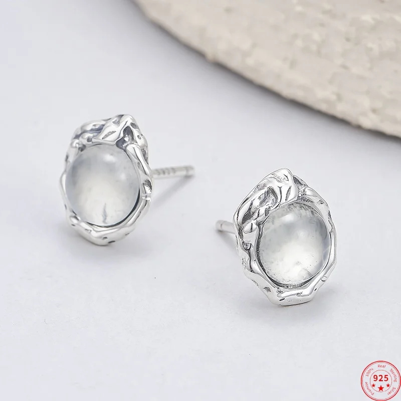 S925 Sterling Silver Stud Earrings for Women Retro Irregular Pattern Inlaid Prehnite Ear Studs Fashion Jewelry Wholesale 250725