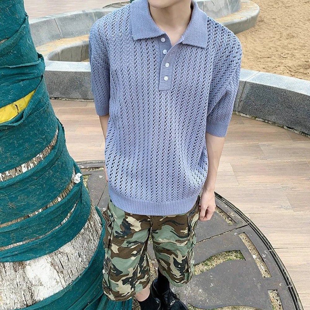 Men Sweater Hollow Casual Polo Sweater Summer Streetwear Fashion Youth Campus Short-Sleeve Top Old Money Mens Clothing 250723
