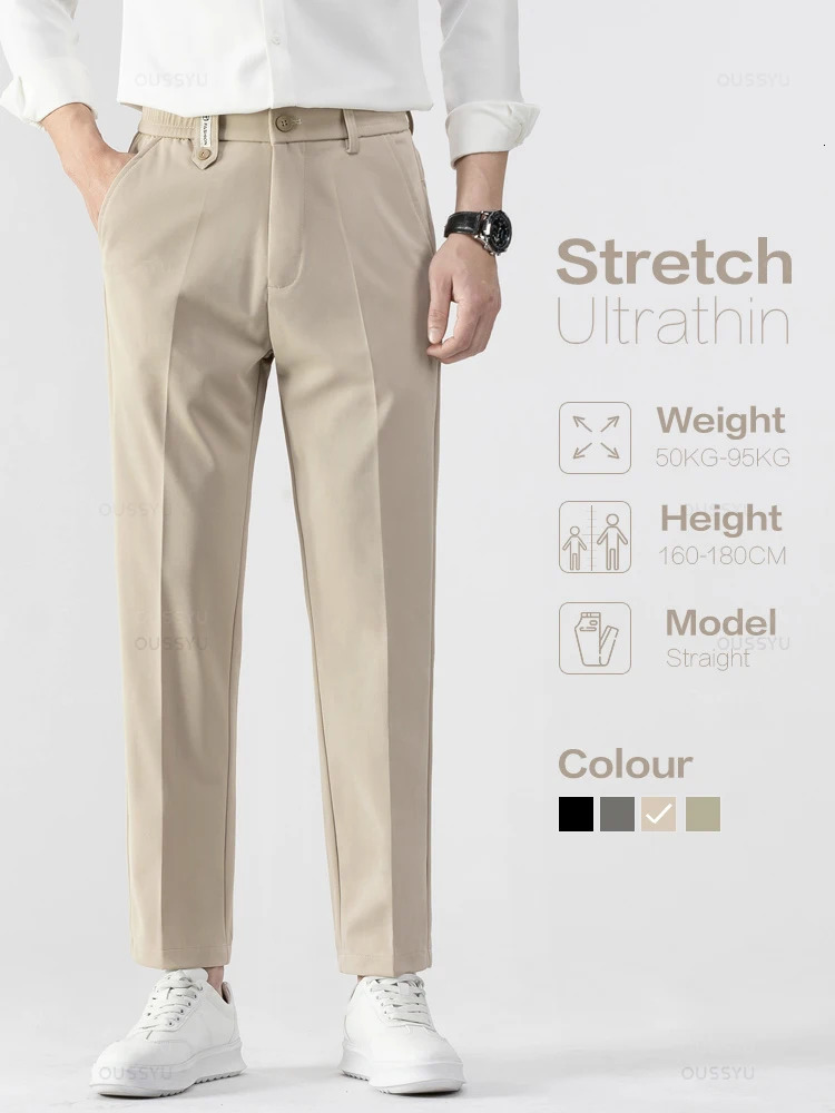 Brand Clothing Autumn Mens AnkleLength Suit Pants Business Straight Elastic Waist Grey Office Work Formal Trousers Male 250724