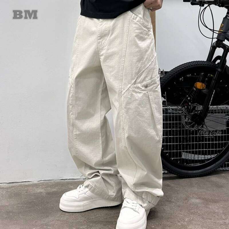 American Vintage Cargo Pants Men Multiple Pockets Loose Fit Straight Leg 100% Cotton High Quality Casual Trendy Couple Trousers 250726
