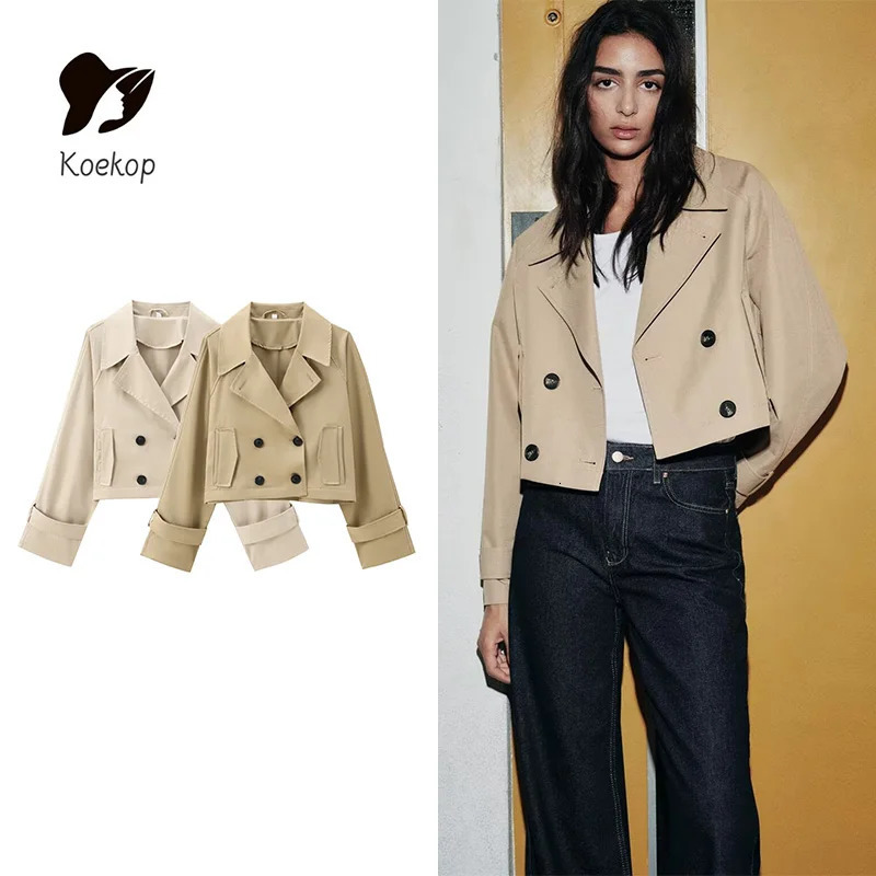 Koekop Womens Fashion Solid Color Trench Coat Style Jacket Coat Vintage Casual Chic Temperament Lady Short Jacket Coat250723