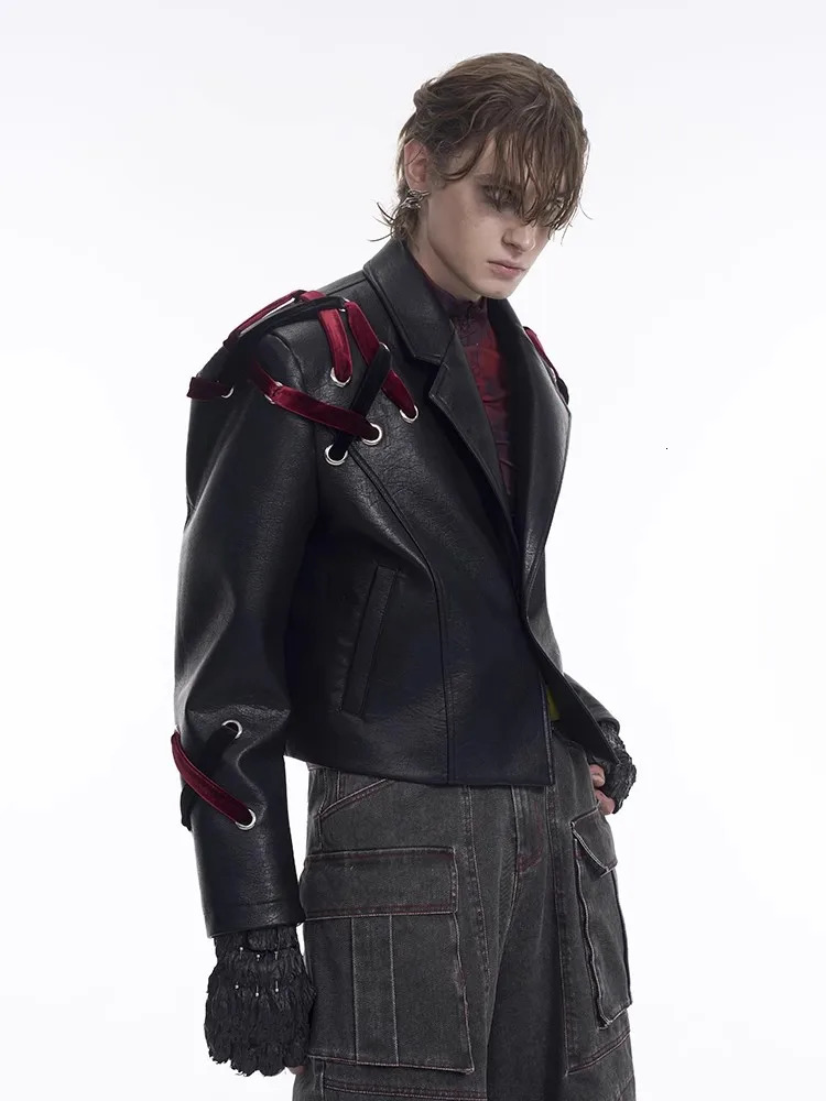 Mauroicardi Spring Autumn Oversized Cool Black Pu Leather Jacket Men Shoulder Pads Long Sleeve Lace Up Clothes 250724