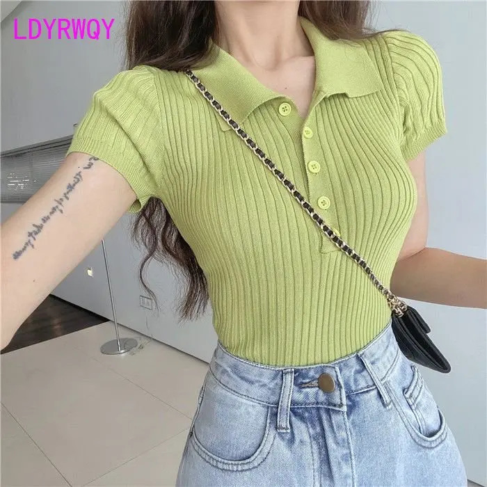 Summer High Waist Short Fit Polo Neck Knit Top Thin White Sleeve Tshirt 250724