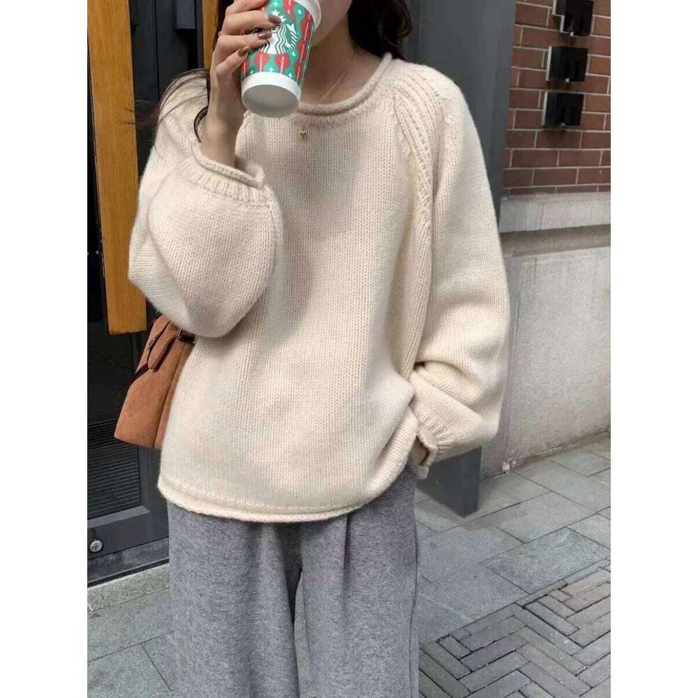 Autumn And Winter New Pure Cashmere For Women With Thick Rolled Edge Round Neck Loose Knit Sweater Bottoms MDNG