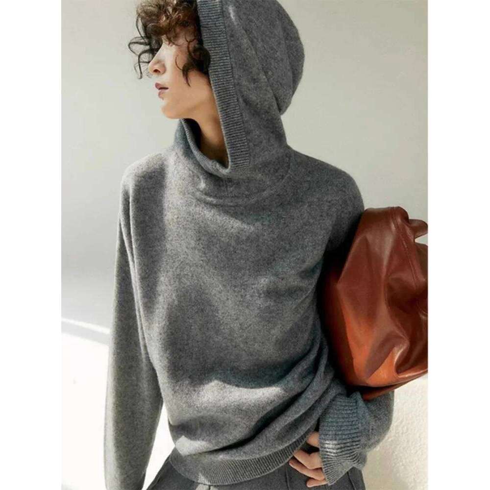 American Retro Gray Hooded Sweater, Women's Autumn Winter High-End Temperament, Simple And Casual Base Knit Sweater 250726