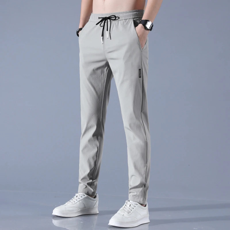 Ice Silk Mens Pants 2025 Summer Black Gray Thin Business Casual Outdoor Elastic Breathable Straight Leg Sweatpants 250724