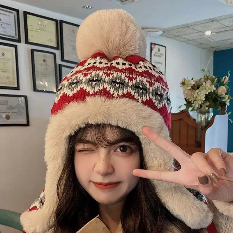 Knitted Fluzzy Russain Hat Trapper Earflap Outdoor Ski Cap Male Female Thick Warm Winter Beanie Hat Fur Pompom Bomber Hat 250725