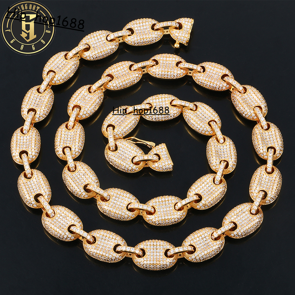 Hip Hop Jewelry 12mm Full Iced Out Diamond Coffee Bean Pig Nose Necklace Brass Micro Pave Moissanite Link Chain for Men