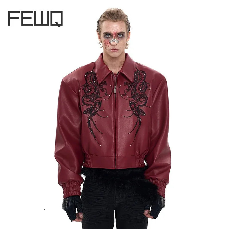 FEWQ High Street Mens PU Leather Jackets Turn-down Collar Embroidery Metal Rivets Contrast Color Zipper Male Coats Chic 24K5251 250724