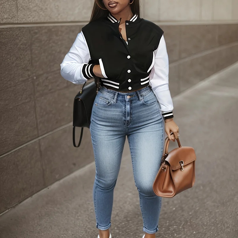 Spring and Autumn European and N Womens Color Matching Jacket Single-breasted Lettered Baseball Jacket 250721