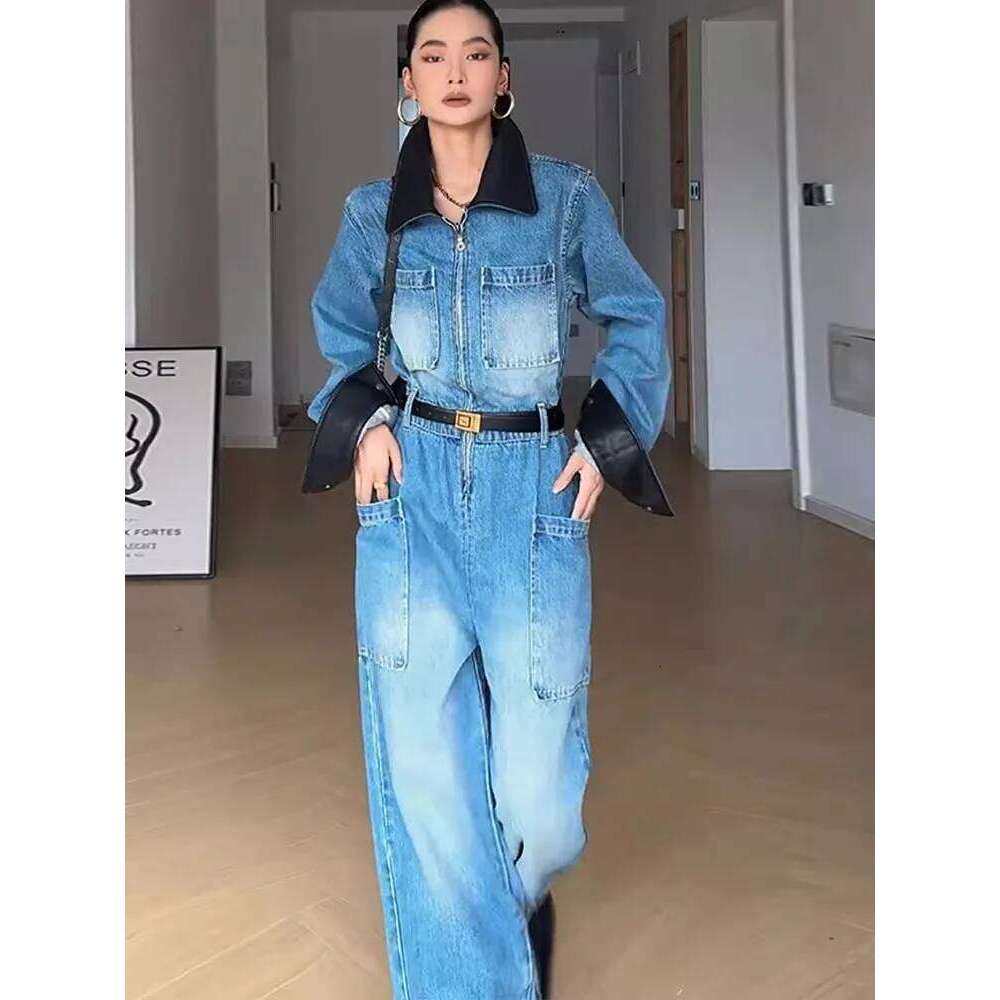 Retro Polo Collar Workwear Denim Jumpsuit Women's Spring And Autumn Color Blocked High Waisted Wide Leg Pants 250726