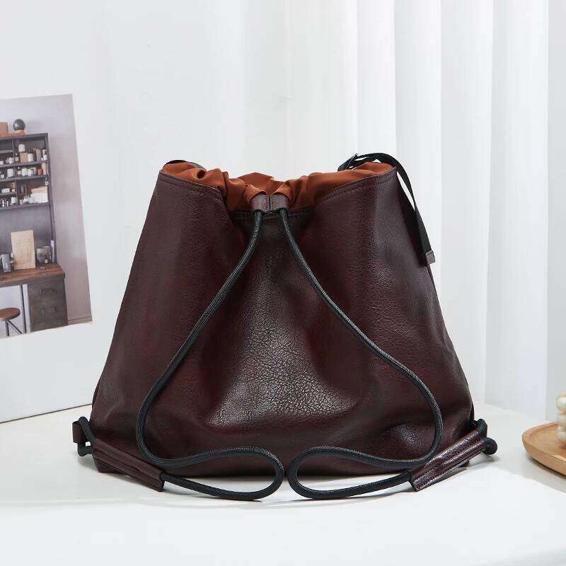 Simple retro large capacity bag, solid color PU leather drawstring shoulder bag